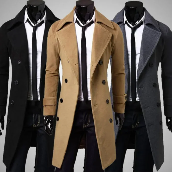 Simple Trench Coat Double-breasted Male Men Coat Coldproof Pure Color Jacket